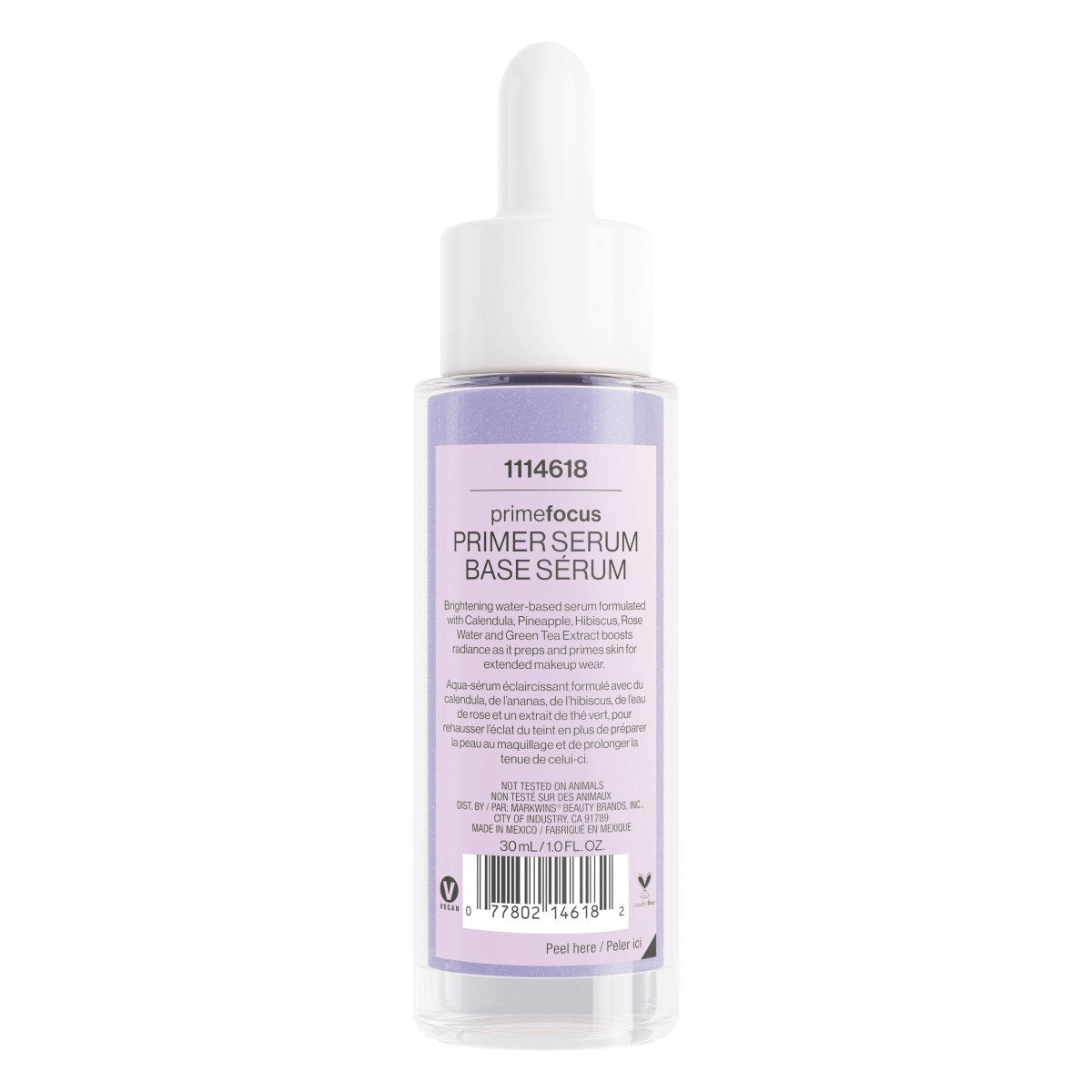 Wet n wild | Prime Focus Pore Minimizing Primer Serum | Backside of product, with floral background