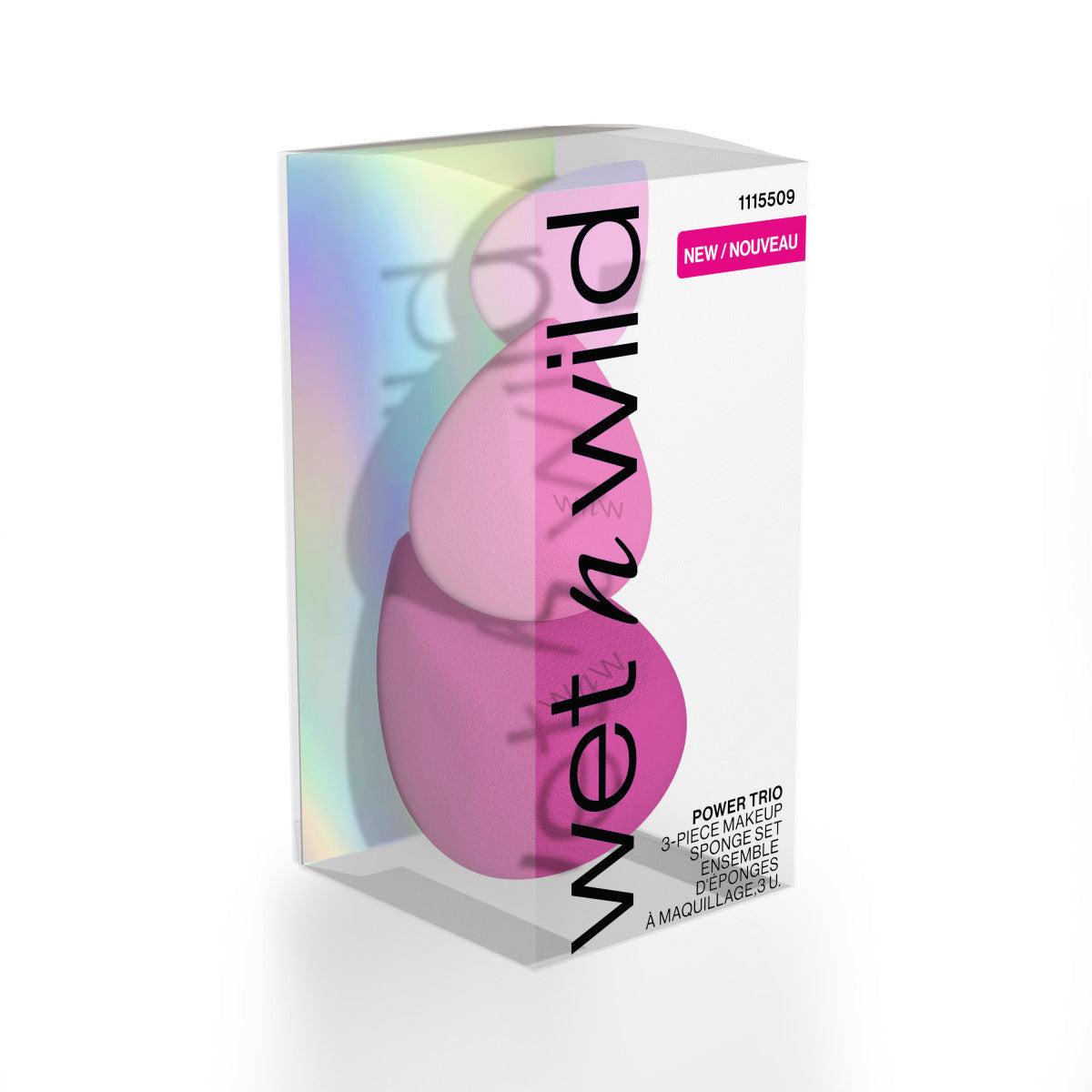 Wet n wild | Power Trio 3-Piece Makeup Sponge Set| Product angled, inside packaging