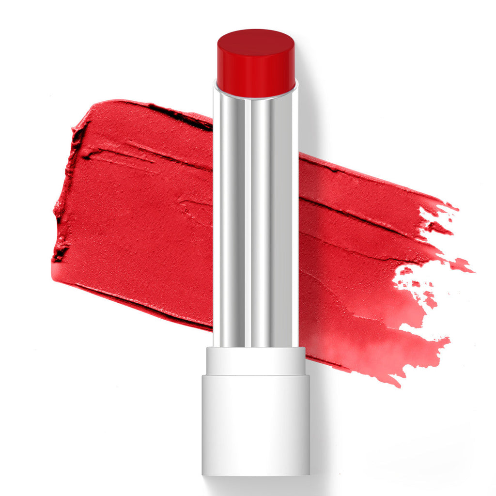 Wet n wild | Rose Comforting Lip Color- Cherry Syrup | Product front facing cap off, with product swatch background
