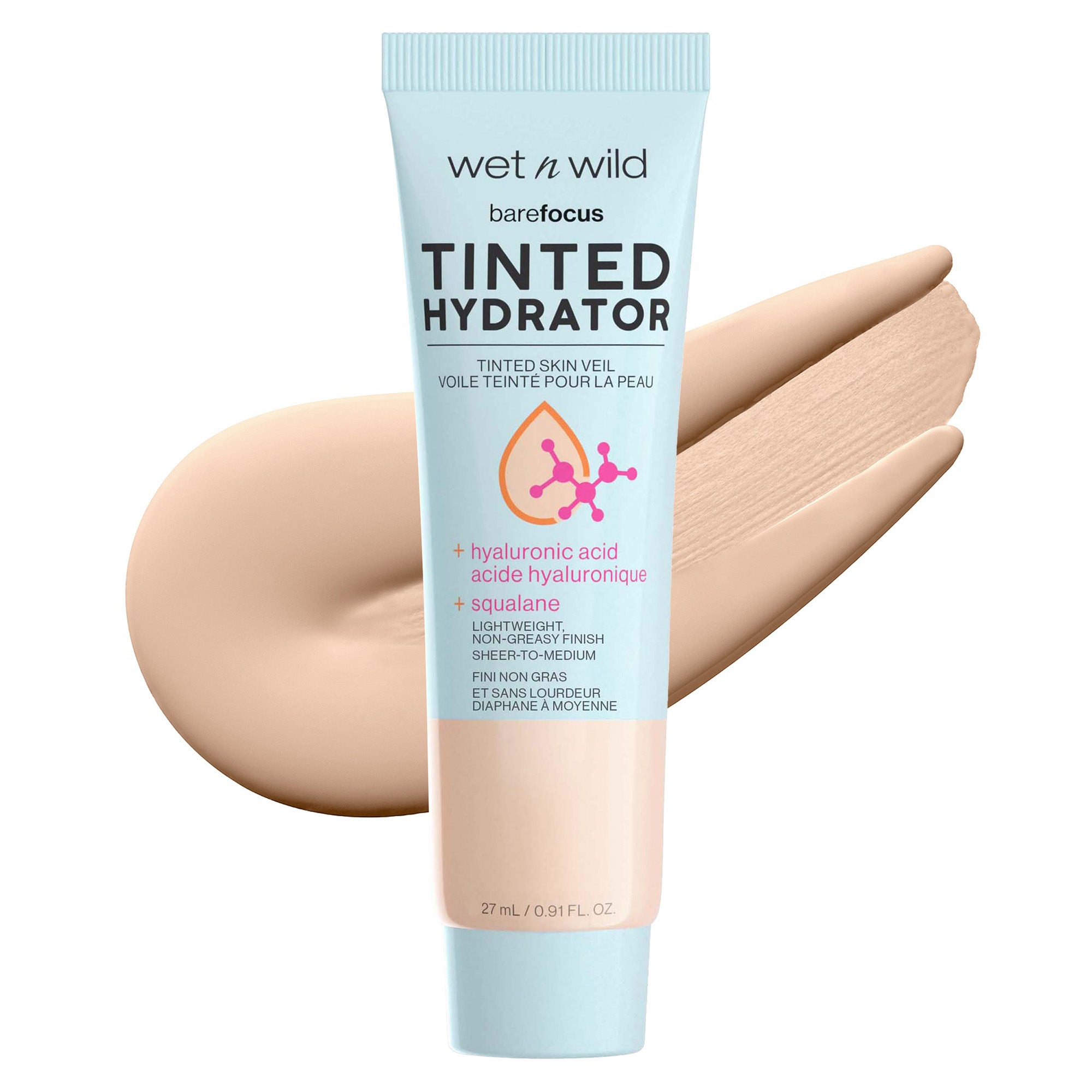 Wet n wild | Bare Focus Tinted Hydrator Tinted Skin Veil | Product front facing lid closed, with product swatch no background