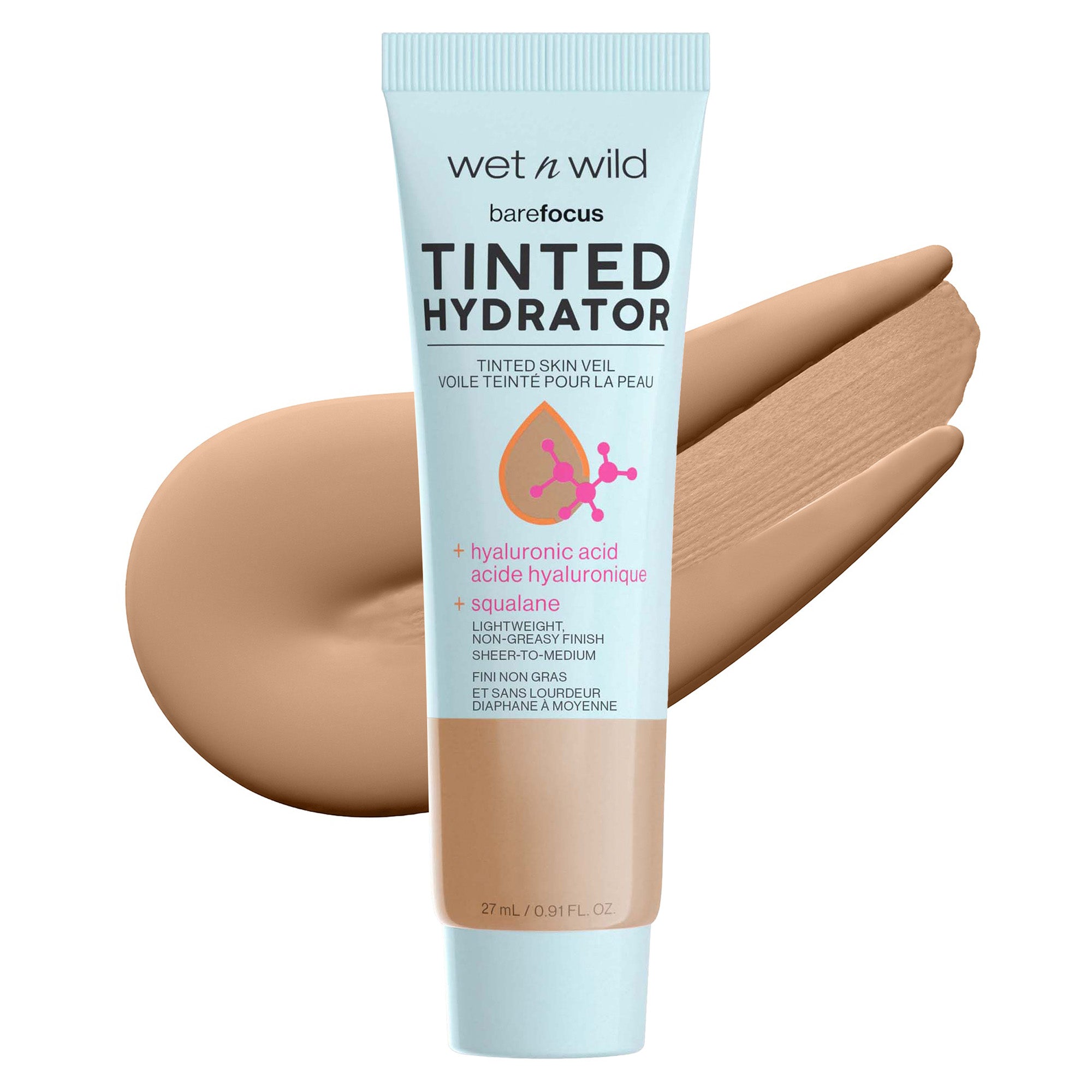 Wet n wild | Bare Focus Tinted Hydrator Tinted Skin Veil | Product front facing lid closed, with product swatch no background