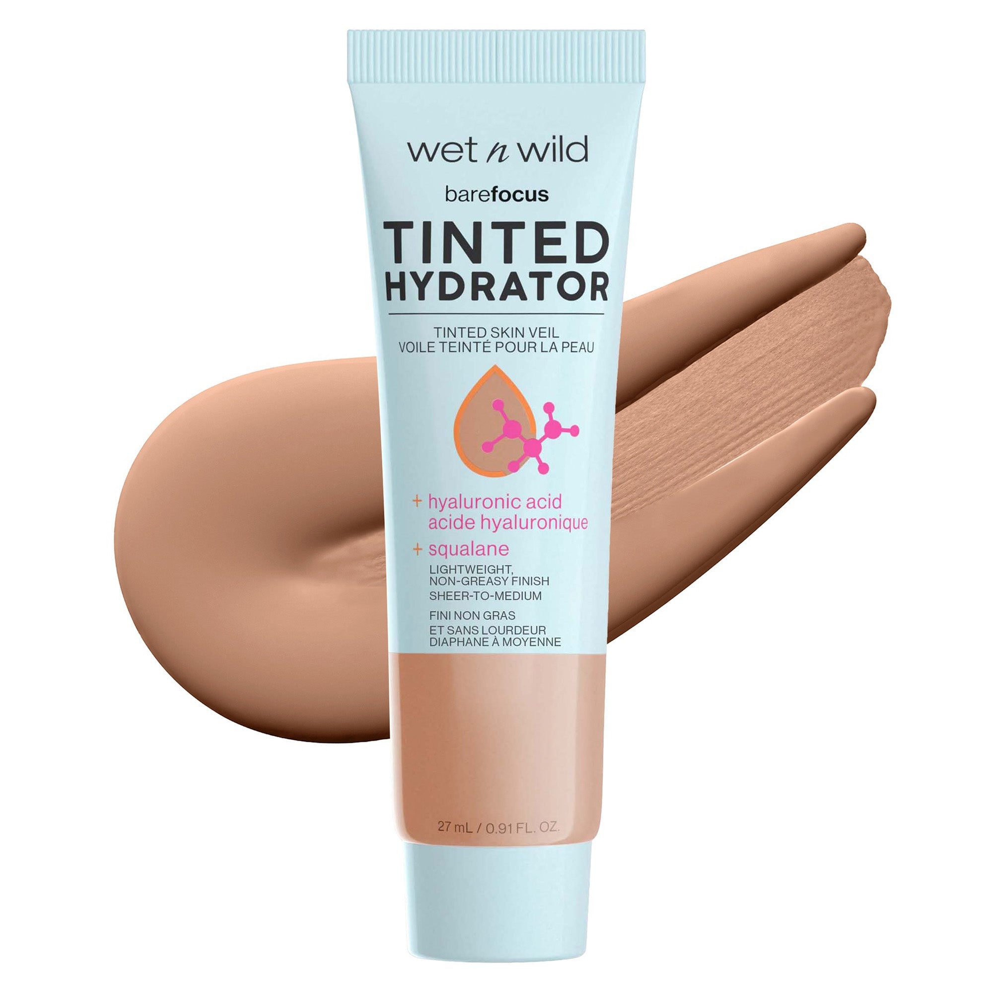 Wet n wild | Bare Focus Tinted Hydrator Tinted Skin Veil | Product front facing lid closed, with product swatch no background