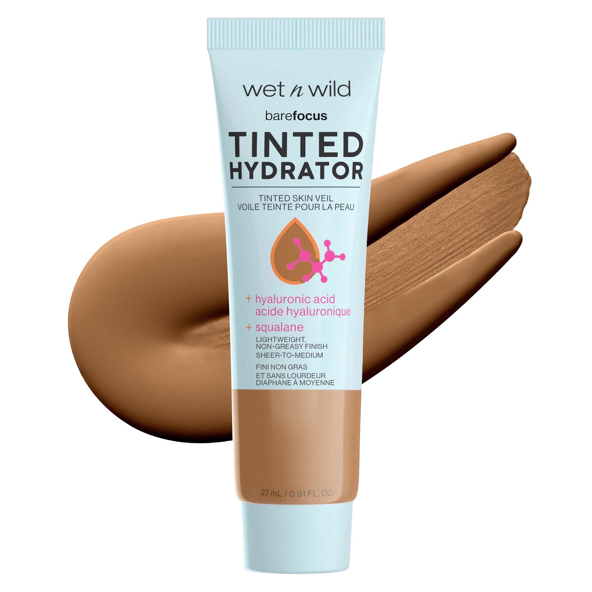 Wet n wild | Bare Focus Tinted Hydrator Tinted Skin Veil | Product front facing lid closed, with product swatch no background