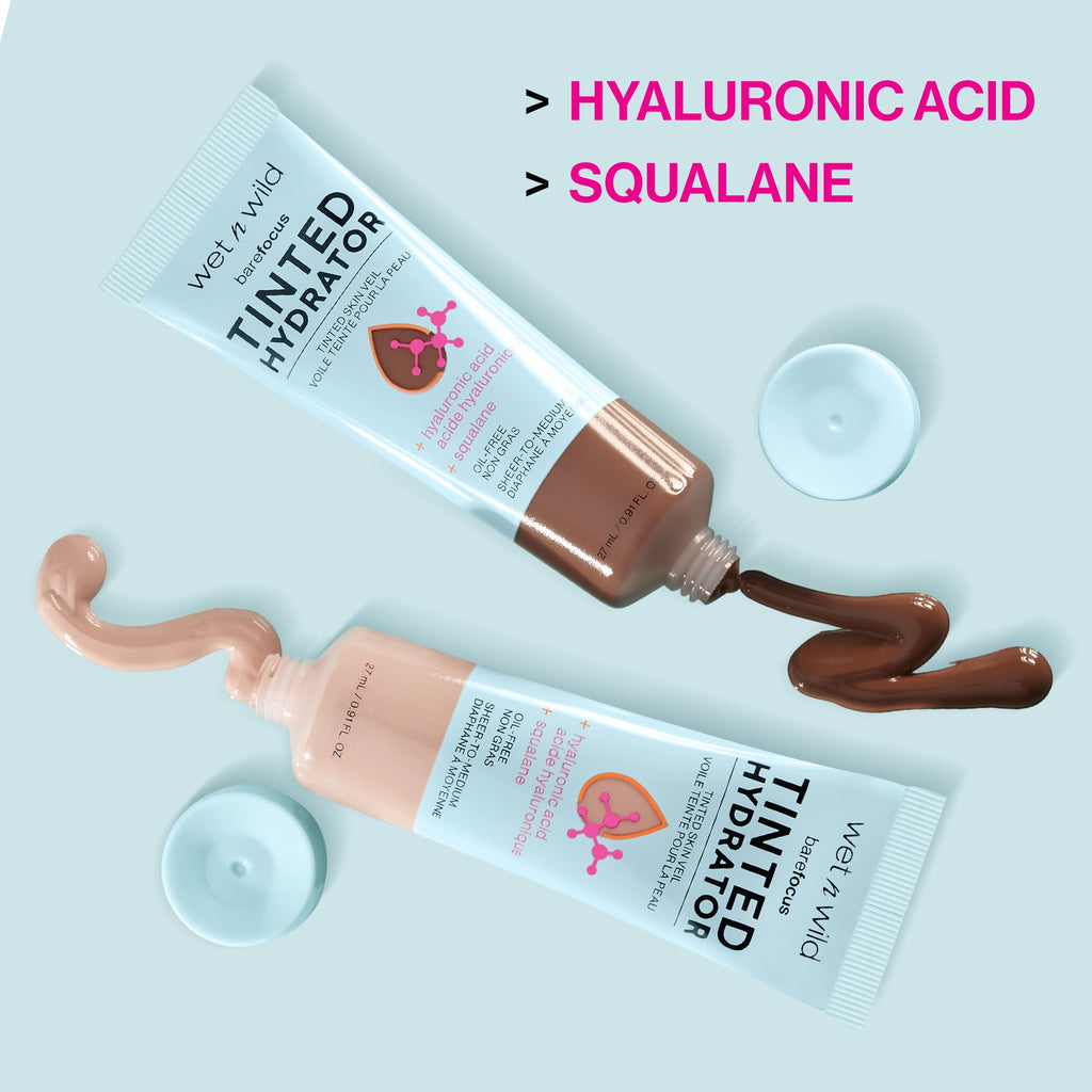 Wet n wild | Bare Focus Tinted Hydrator Tinted Skin Veil | Product swatch, with product description background