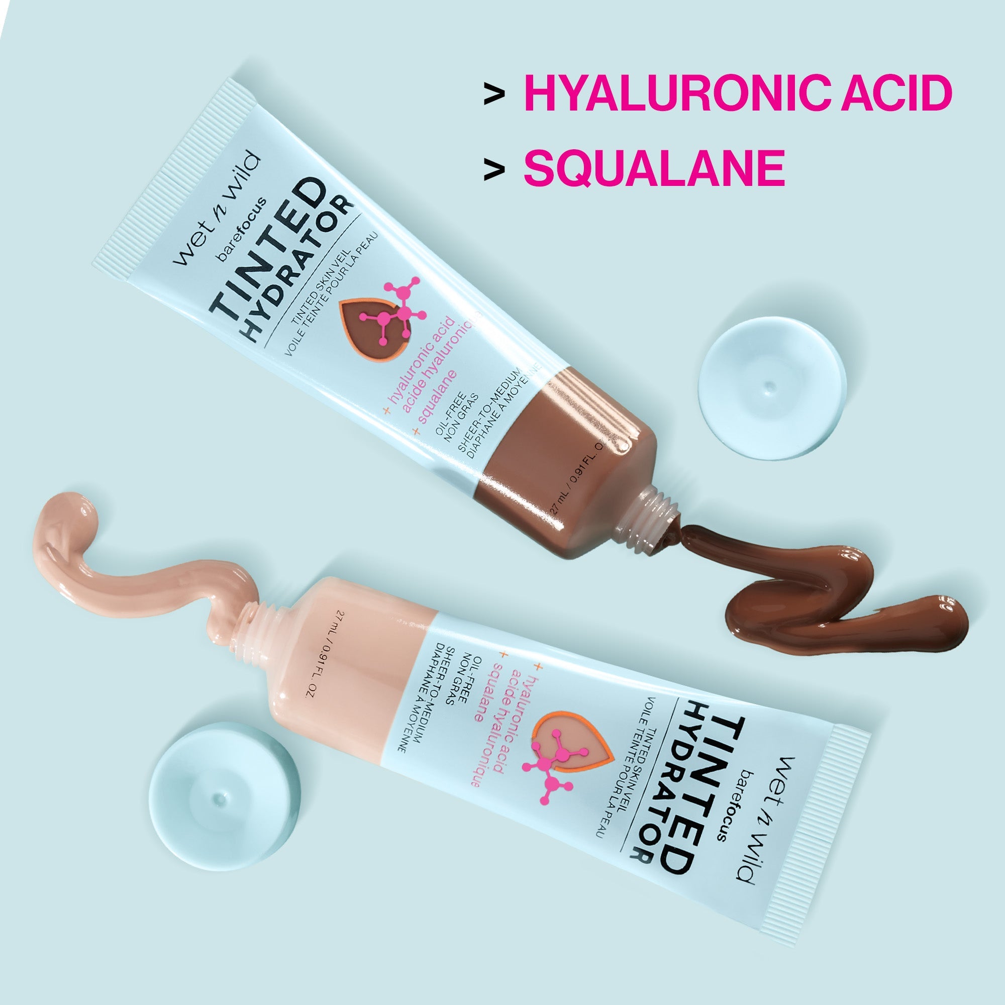 Wet n wild | Bare Focus Tinted Hydrator Tinted Skin Veil | Product swatch, with product description background
