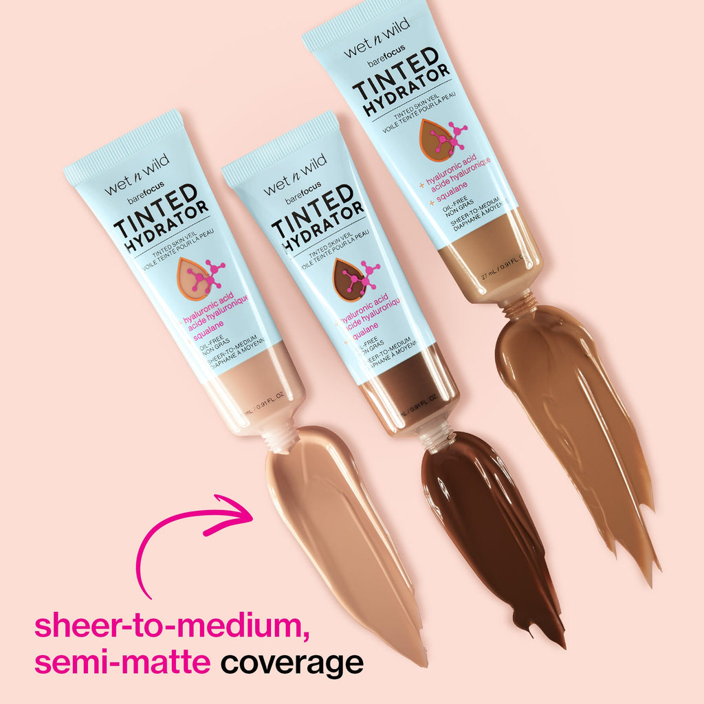 Wet n wild | Bare Focus Tinted Hydrator Tinted Skin Veil | Product swatch, with product description background