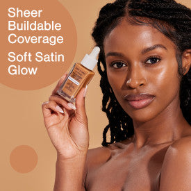 DESCRIPTION This luxurious, sheer-to-medium, buildable Skin Tint with 5% Niacinamide, Hyaluronic Acid, and Peony Extract delivers smoothing, natural perfection. Blurs imperfections, finishes with a soft satin glow, and perfects while concealing redness and blemishes so naturally, it will look almost undetectable. A clean, skin-loving serum foundation.